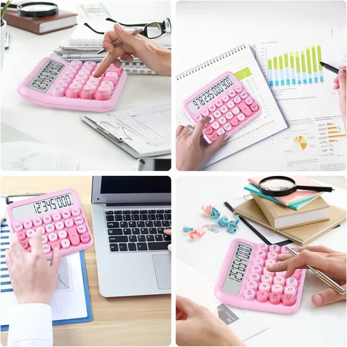 Vista 3 de Interruptor mecánico calculadora rosa de 12 dígitos - Pantalla LCD grande, botones grandes, escritorio, lindo, para uso diario