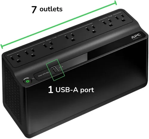 Vista 2 de APC Respaldo de batería de UPS y protector contra sobretensiones, fuente de alimentación de batería de respaldo de 600 VA, respaldo BE600M1