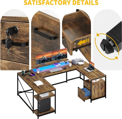 Vista 8 de DWVO Escritorio en forma de U con cajones, escritorio reversible en forma de L de 79 pulgadas con tomas de corriente y luces LED, escritorio