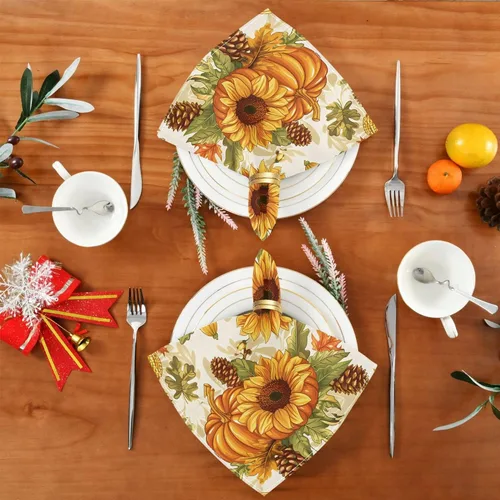 Vista 4 de MNSRUU Juego de 4 servilletas de tela para otoño, otoño, Acción de Gracias, calabaza, girasol, lavable, poliéster, cocina, servilletas de tela