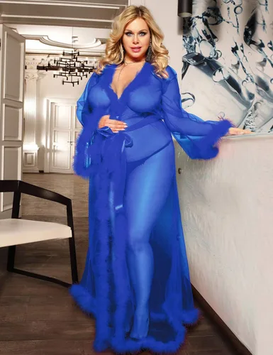 Vista 4 de ohyeah Bata de novia de plumas para mujer, talla grande, bata de lencería con camisón de piel, bata de baño de tul, vestido de maternidad