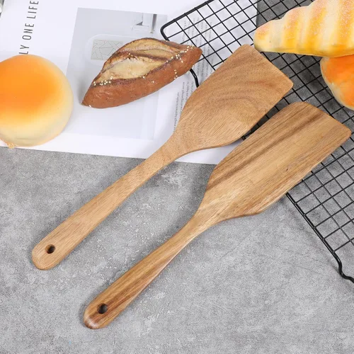 Vista 3 de 2 espátulas de madera para utensilios de cocina, espátula de madera de mango largo para utensilios de cocina antiadherentes, cuchara, espátula