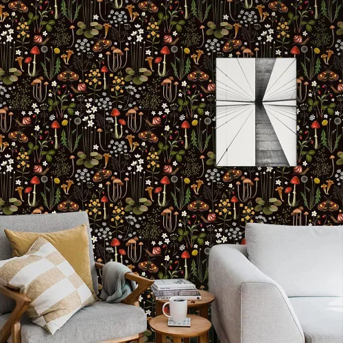 Vista 2 de Papel de contacto Boho negro de despegar y pegar con diseño de setas/caracoles/flores silvestres/mariposas, papel pintado extraíble decorativo