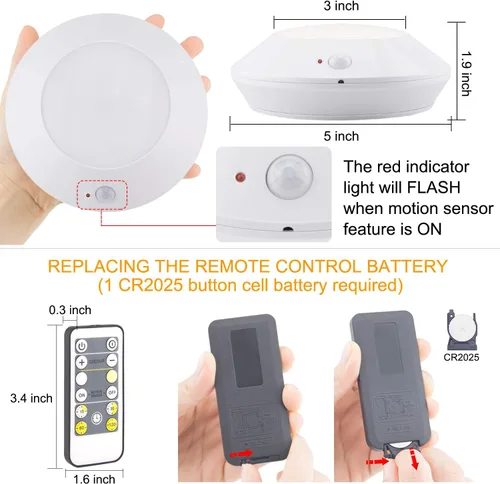 Vista 6 de HONWELL Lámpara de techo LED a pilas, luz de techo con sensor de movimiento, luz de ducha inalámbrica con control remoto RF de 80 pies a través