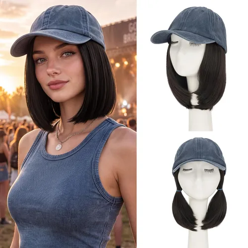 Vista 20 de S-noilite Gorra de béisbol de 6 pulgadas con peluca corta de peinado Bob