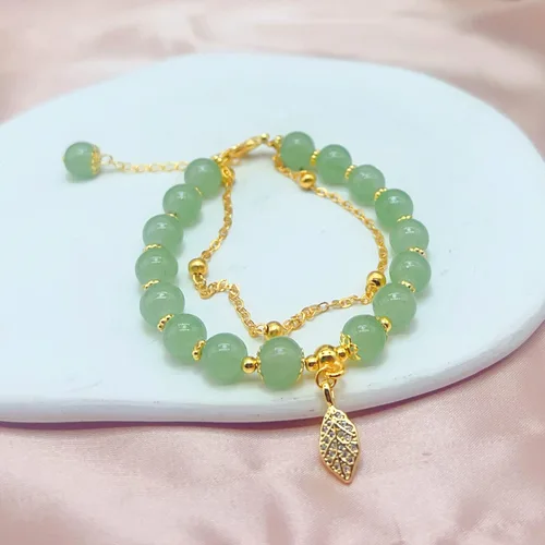 Vista 9 de CJIAYUJEW Hotan - Pulsera de hoja de jade natural de 2 capas de nefrita verde para mujer, diseño de cuentas redondas con dije de hoja de circón