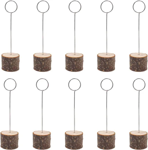 Vista 4 de 30 soportes para tarjetas de lugar de madera rústica, base de madera real, clip para fotos de notas, números de mesa de boda, soporte de tarjetas