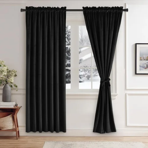 Vista 96 de JIUZHEN Cortinas de terciopelo beige de 63 pulgadas de ancho x 63 pulgadas de largo, cortinas de terciopelo retro suaves con bolsillo para barra