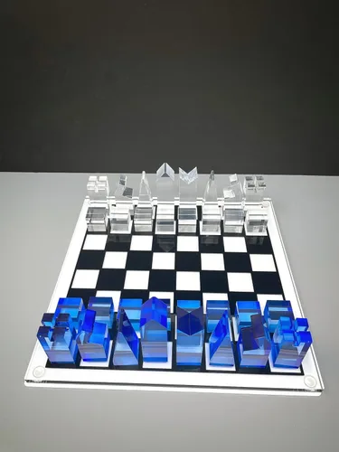 Vista 9 de Juego de ajedrez acrílico de lujo, diseño sofisticado y elegante, varios colores disponibles (transparente/azul-azul)