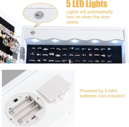 Vista 4 de CHARMAID Armario de joyería de 5 luces LED montado en la pared o en la puerta armario de joyería con cerradura con espejo de longitud completa y 6