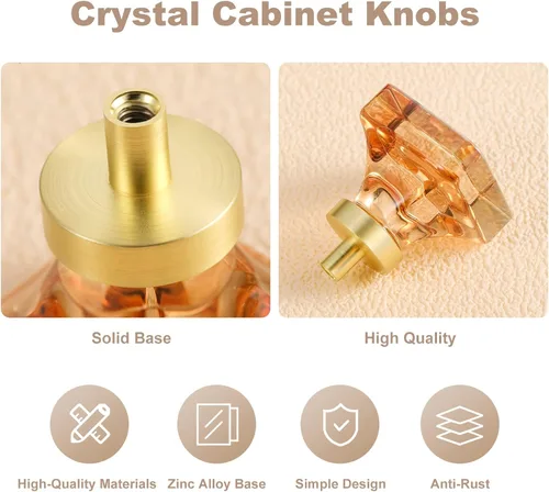 Vista 3 de coolnews - Paquete de 4 manijas de cajón de cristal champagne, manijas de vidrio para gabinete de cocina de 1-3/8 pulgadas cuadradas, manijas