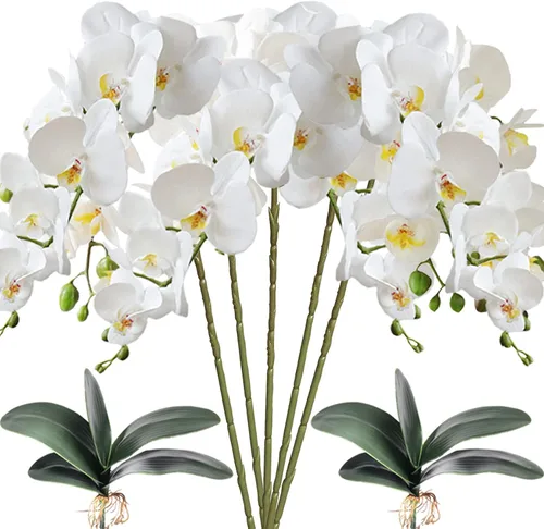 Vista 12 de HinyoCo 5 piezas de orquídeas artificiales y 2 paquetes de hojas, flores artificiales de Phalaenopsis de 32 pulgadas para decoración del hogar