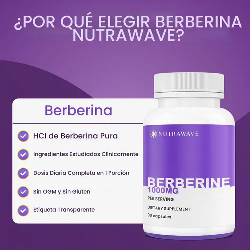 Vista 3 de Nutra Wave Suplemento Pure Berberine HCL 1000mg – Cápsulas de berberina de alta potencia – Apoya la salud digestiva e intestinal – Sin OMG, sin