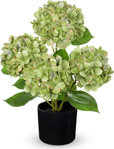 Vista 16 de Hollyone Flores artificiales de hortensias azules en maceta, flores grandes de seda de tres cabezas, arreglos florales falsos para interiores