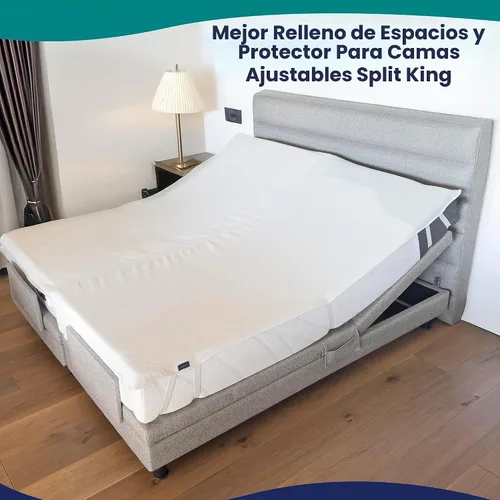 Vista 4 de Convertidor de puente de cama 2 en 1 de tamaño individual a King con protector de colchón impermeable y correas elásticas, relleno de espacio King
