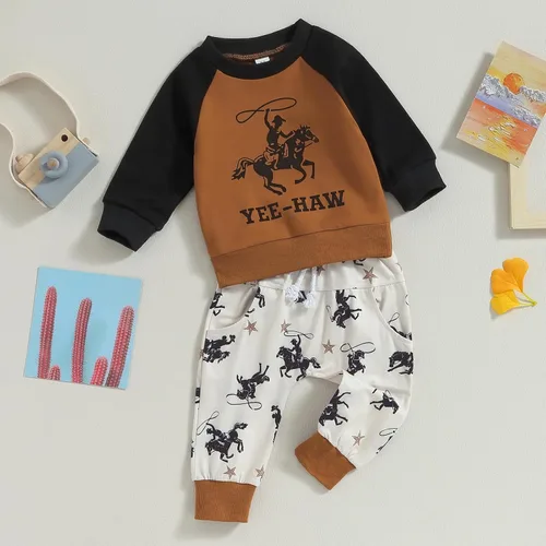 Vista 2 de Conjunto de sudadera de manga larga para bebé del oeste, conjunto de pantalones de caballo de Yee Haw, conjunto de pantalones de vaquero para otoño