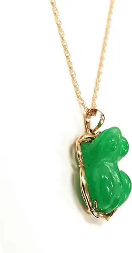 Vista 2 de Colgante de rana 3D de jade genuino de oro amarillo de 14 quilates 17", Jade, Jade