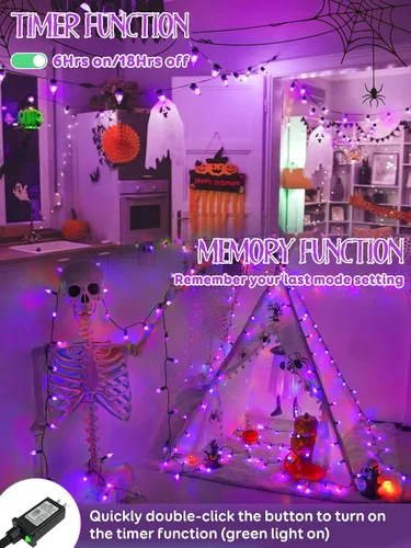 Vista 3 de Guirnalda de luces de Halloween conectables C6 de 250 LED, 82 pies, impermeable, luz morada para exteriores, luz parpadeante de hadas enchufable