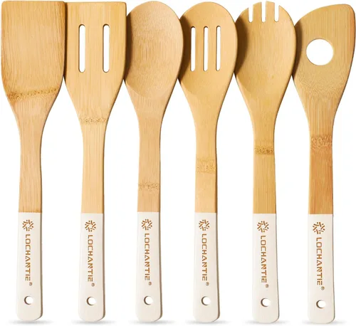 Vista 10 de Cucharas de madera para cocinar, juego de utensilios de cocina, 6 cucharas de madera de bambú y espátula utensilios de cocina Beige