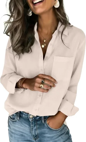 Vista 26 de Zeagoo - Blusas de lino con botones para mujer, de gasa, algodón, manga larga, blusas informales con cuello, corte holgado