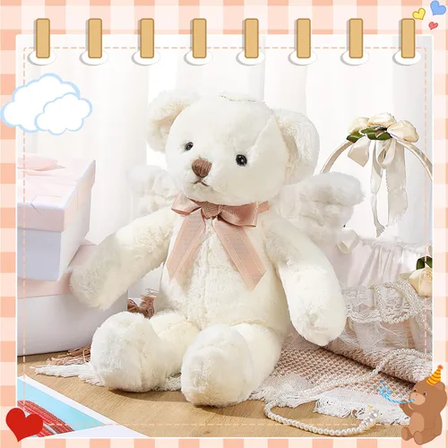Vista 2 de Sratte Oso de ángel de peluche de 16 pulgadas con alas y lazo suave y lindo juguete de peluche para niños y niñas, cumpleaños, baby shower, bautizo