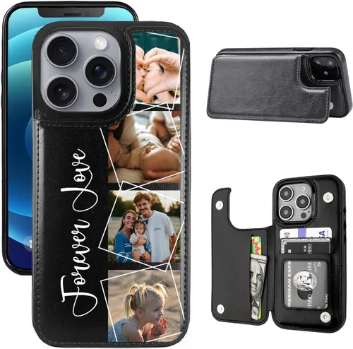 Vista 13 de Funda tipo cartera personalizada para iPhone 16/15/11/12/13/XR/X/XS SE Pro Max Mini con soporte para tarjetas, texto de imagen personalizada, a