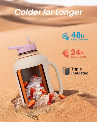 Vista 3 de Coolflask - Botella de agua aislada de 64 onzas, jarra de agua de medio galón con asa, popote de acero inoxidable, doble pared, de metal al vacío