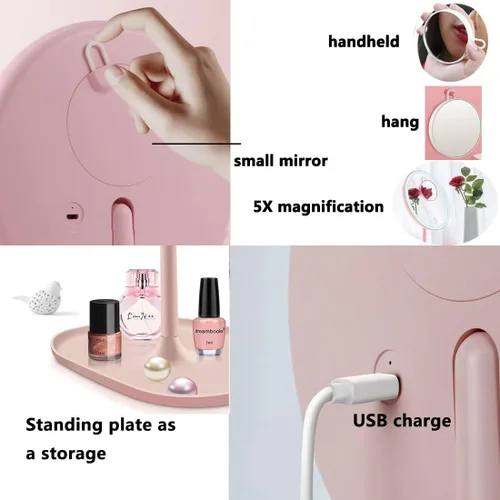 Vista 3 de Espejo LED de maquillaje de viaje con luces, con un mini espejo compacto portátil de tamaño de bolsillo con aumento 5X, base redonda, rosa