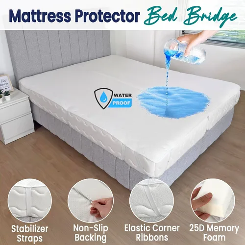 Vista 5 de Convertidor de puente de cama 2 en 1 de tamaño individual a King con protector de colchón impermeable y correas elásticas, relleno de espacio King