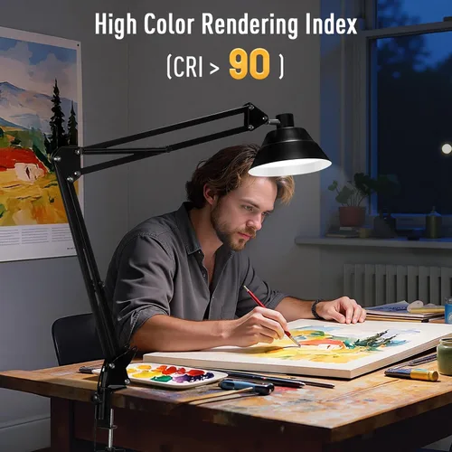 Vista 6 de Lámpara de escritorio LED para oficina en casa, lámpara de escritorio con brazo oscilante con abrazadera, lámpara de mesa de cuello de cisne Negro