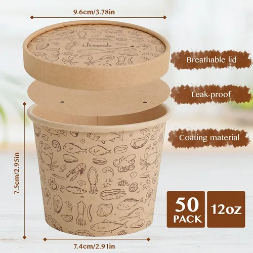 Vista 2 de LITOPAK Paquete de 50 recipientes de papel de 12 onzas con tapas ventiladas, vasos de papel kraft para alimentos, recipientes de sopa con tapas