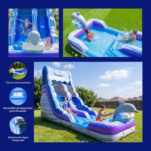 Vista 4 de HeroKiddo - Tobogán acuático inflable comercial de delfín de 16 pies con soplador