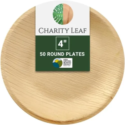 Vista 5 de Charity Leaf - Platos redondos desechables de bambú de 5 pulgadas (50 piezas) Platos de aperitivo de bambú, tableros desechables, vajilla ecológica