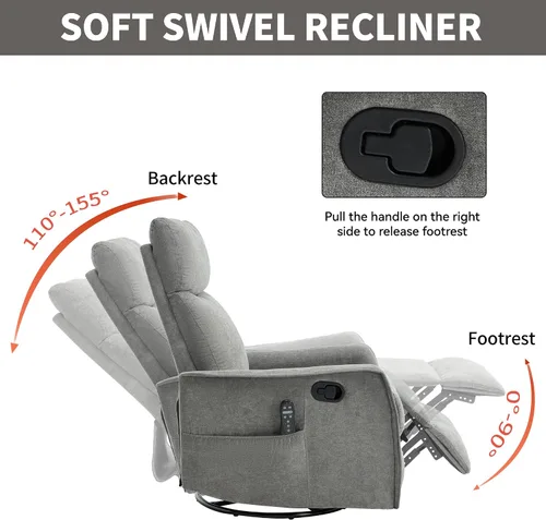 Vista 3 de Silla reclinable giratoria para adultos, masaje y calor, tela, color gris