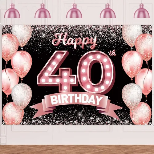 Vista 355 de Cartel de feliz cumpleaños décimo oro rosa, telón de fondo, saludos a 10 años, globos de confeti, decoración temática para niñas de 10 años