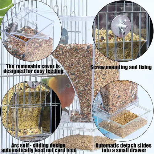 Vista 3 de Hamiledyi Alimentador automático de jaulas para pájaros sin ensuciar, con perca, acrílico transparente, contenedor de alimentos, accesorios
