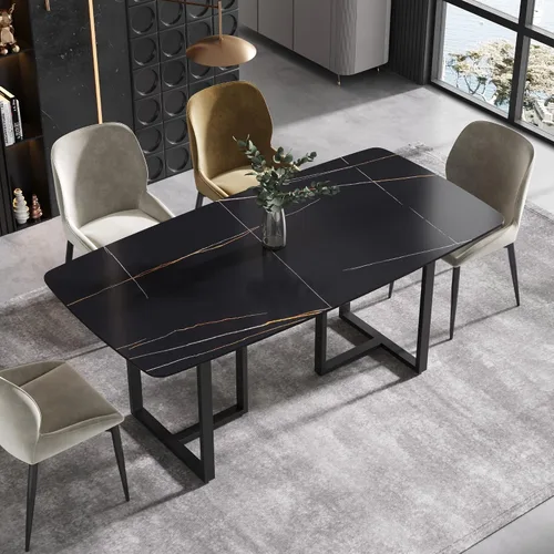 Vista 9 de Mesa de comedor moderna, mesa de comedor de piedra sinterizada blanca antigua con patas de mesa de acero al carbono negro, mesa de comedor Blanco