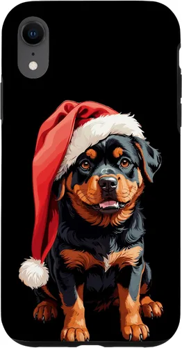 Vista 8 de iPhone 15 Divertido Rottweiler Navidad lindo cachorro con sombrero de Navidad caso