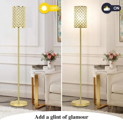 Vista 2 de Lámpara de pie dorada, lámpara de pie de cristal con pantalla decorativa, lámpara de pie con interruptor de pie de encendido/apagado y base E26