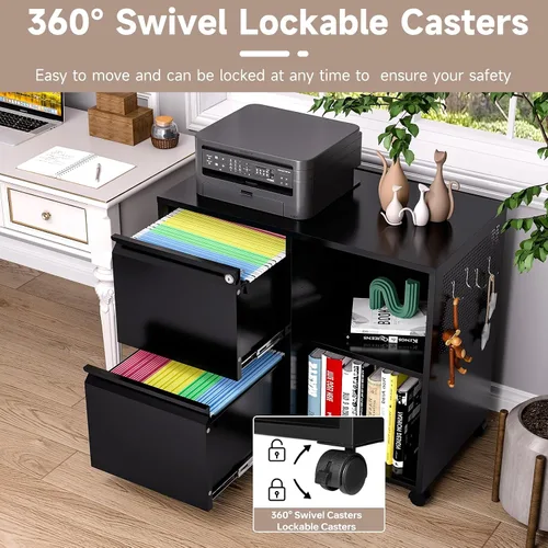 Vista 4 de Archivador de 2 cajones para oficina en casa, archivadores rodantes con cerradura, caninete de metal para debajo del escritorio con ruedas para A4