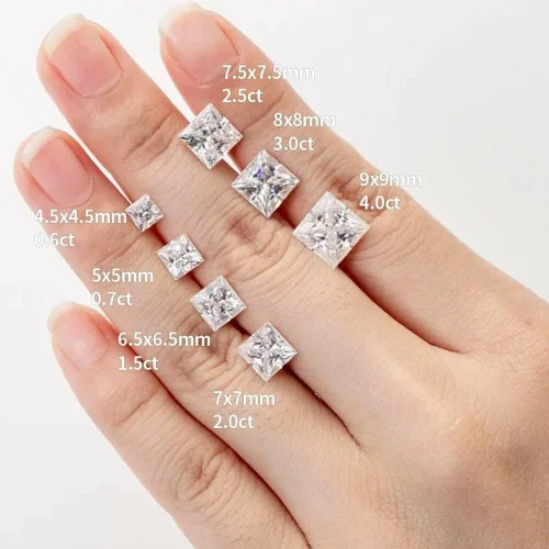 Vista 3 de Piedras preciosas sueltas de moissanita de corte cuadrado, color D, claridad VVS1 para colgantes, anillos, aretes Tamaños de fabricación de joyas