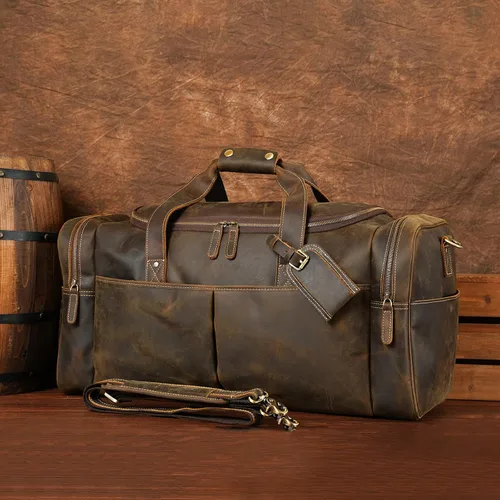Vista 6 de Polare - Bolsa de lona de cuero de grano completo para hombre, de 24 pulgadas, para viajes, gimnasio, deportes, fin de semana, grande, Marrón, Retro