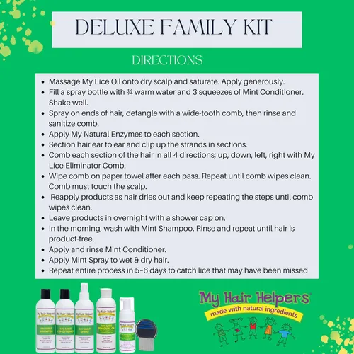 Vista 5 de My Hair Helpers Deluxe - Kit de tratamiento para piojos de cabeza de tamaño familiar, incluye peine de liendre, mousse, champú y acondicionador