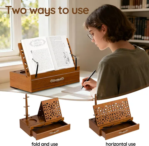 Vista 5 de Soporte de madera ajustable para libros con almacenamiento, soporte multifuncional para libros, tabletas y recetas con ranura para tazas, ranura