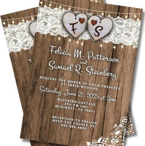 Vista 2 de Cantidad de 25 invitaciones de boda País Corazón y sobres de encaje impreso con texto blanco