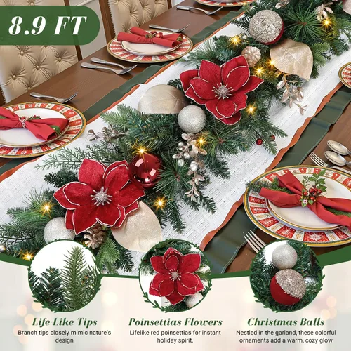 Vista 2 de SHareconn Guirnalda de Navidad preiluminada de 8.9 pies con luces LED multicolor, temporizador que funciona con pilas, incluye bola de flor