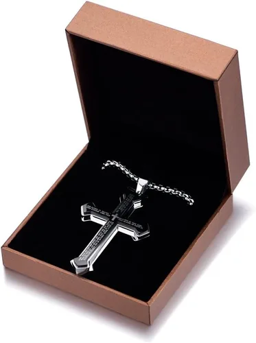 Vista 6 de Rehoboth Collar con colgante de cruz de oración del señor de acero inoxidable para hombre y mujer, colgante grande y cadena fuerte, 24 pulgadas