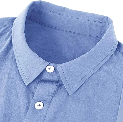Vista 5 de Camisa casual de algodón y lino con botones para hombre, ajuste regular, bordado, borde bordado, manga corta, camisa de playa