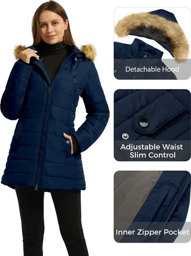 Vista 6 de wantdo Abrigo de invierno cálido para mujer, chaqueta puffer pesada tipo parka con capucha con ribete de piel