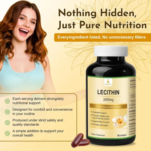 Vista 3 de JulyDeer Lecitina de girasol 2400 mg 90 cápsulas blandas ricas en fosfatidilcolina, sin OMG, sin soja, suplemento sin gluten, soporte del sistema